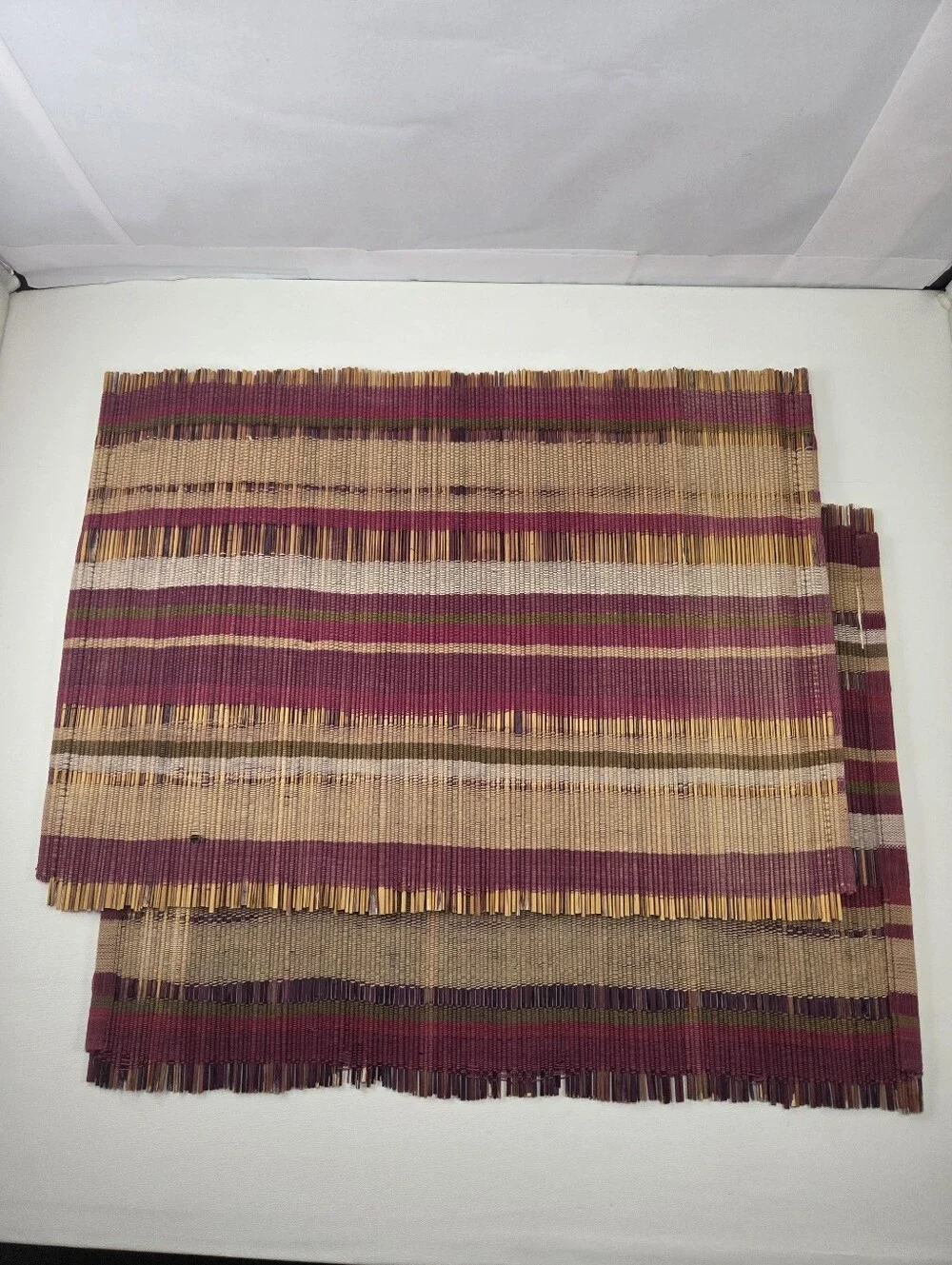 Boho Woven Slatted Bamboo Placemats Set of 2 Striped Burgundy Tan